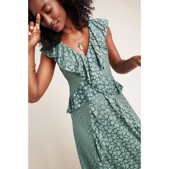 NEW Anthropologie Antoinette Ruffled Midi Dress size M Green - Picture 3 of 15